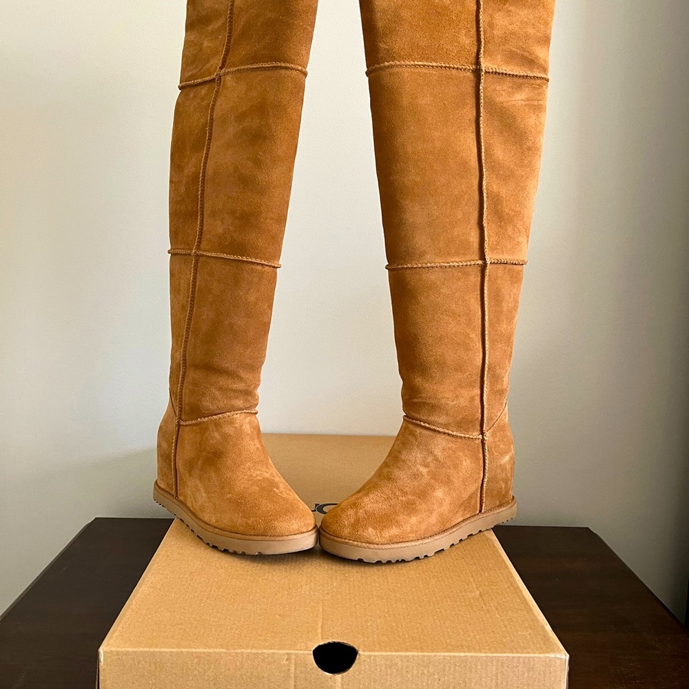 Women UGG classic Femme over the knee wedge heel boots in chestnut.